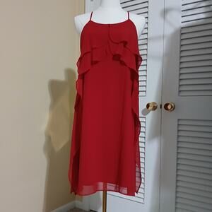 BCBGeneration red spaghetti strap fully lined sheer ruffled front easy care